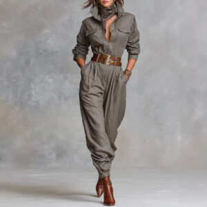 Women’s Elegant Long-Sleeved Lapel Jumpsuit – Casual Cotton & Linen One-Piece Trousers – Slim Fit Gray Jumpsuit for Women