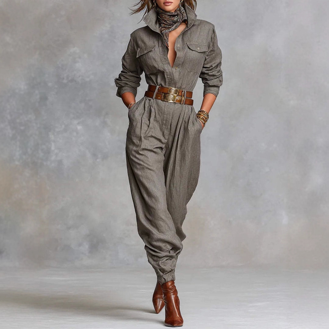 women's cotton linen lapel jumpsuit