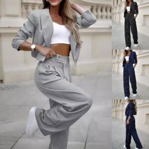 Women’s Spring Fashion Striped Set – Urban Style Cropped Lapel Top & Straight-Leg Pants Two-Piece Suit