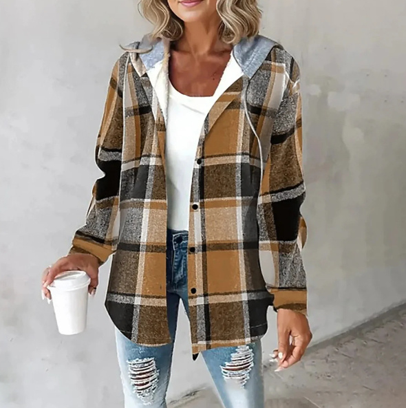 Women’s Plaid Hooded Jacket – Elegant Autumn & Winter Button-Down Coat – Casual Long-Sleeve Temperament Commuter Outerwear - Image 4