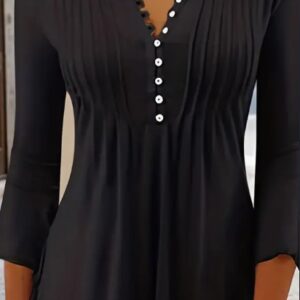 Women’s Button-Front Ruched Blouse – Casual Solid Crew Neck Top – Elegant Slim-Fit Short-Sleeve Blouse