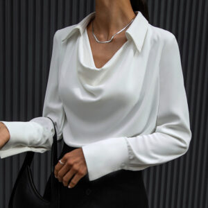 Women’s Fashion Commuter Collared Blouse – Elegant Solid Color Long-Sleeve Casual Business Top