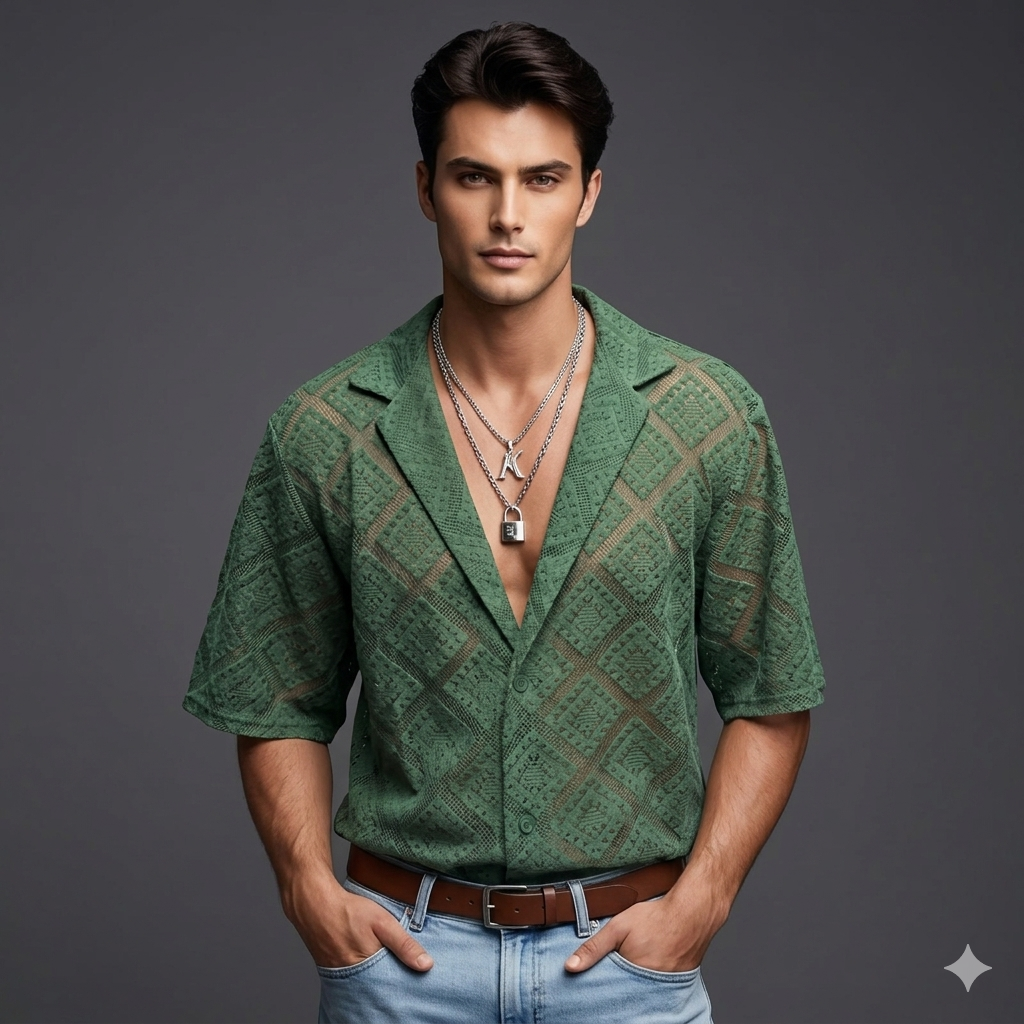 Men’s Hollow-Out Breathable Short-Sleeve Shirt – Casual Lapel Cardigan Button-Down Top