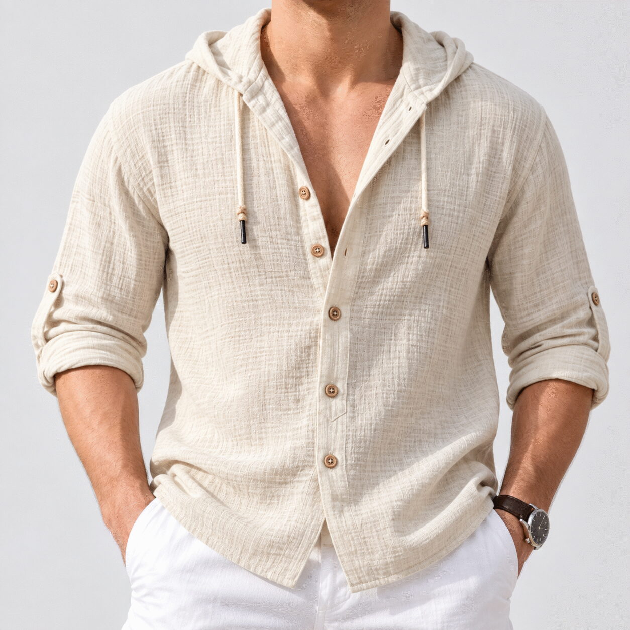 Men's Cotton Linen Hooded Cardigan Shirt - Image 4