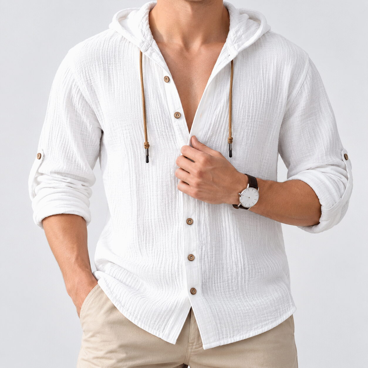 Men's Cotton Linen Hooded Cardigan Shirt - Image 5