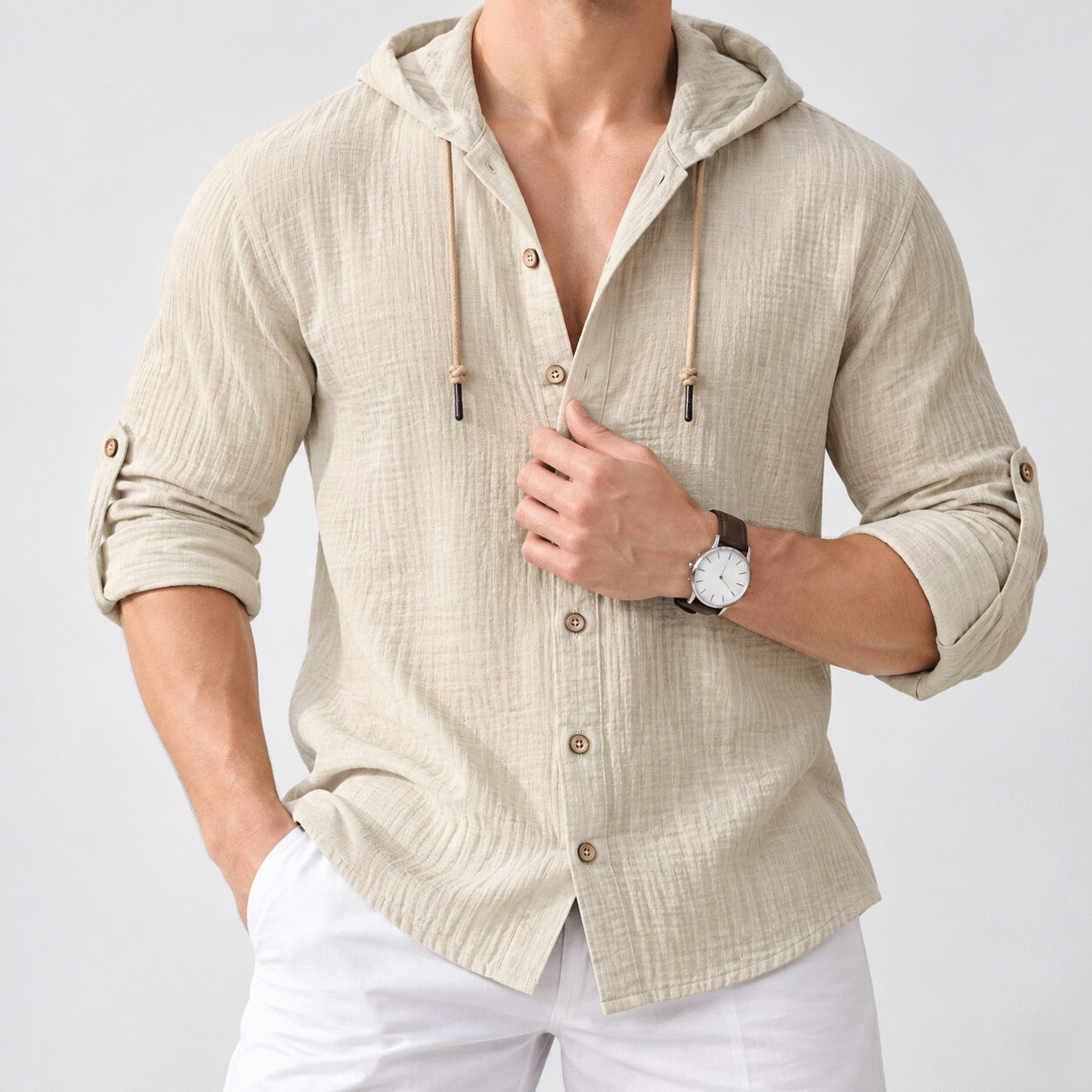 Men's Cotton Linen Hooded Cardigan Shirt - Image 6