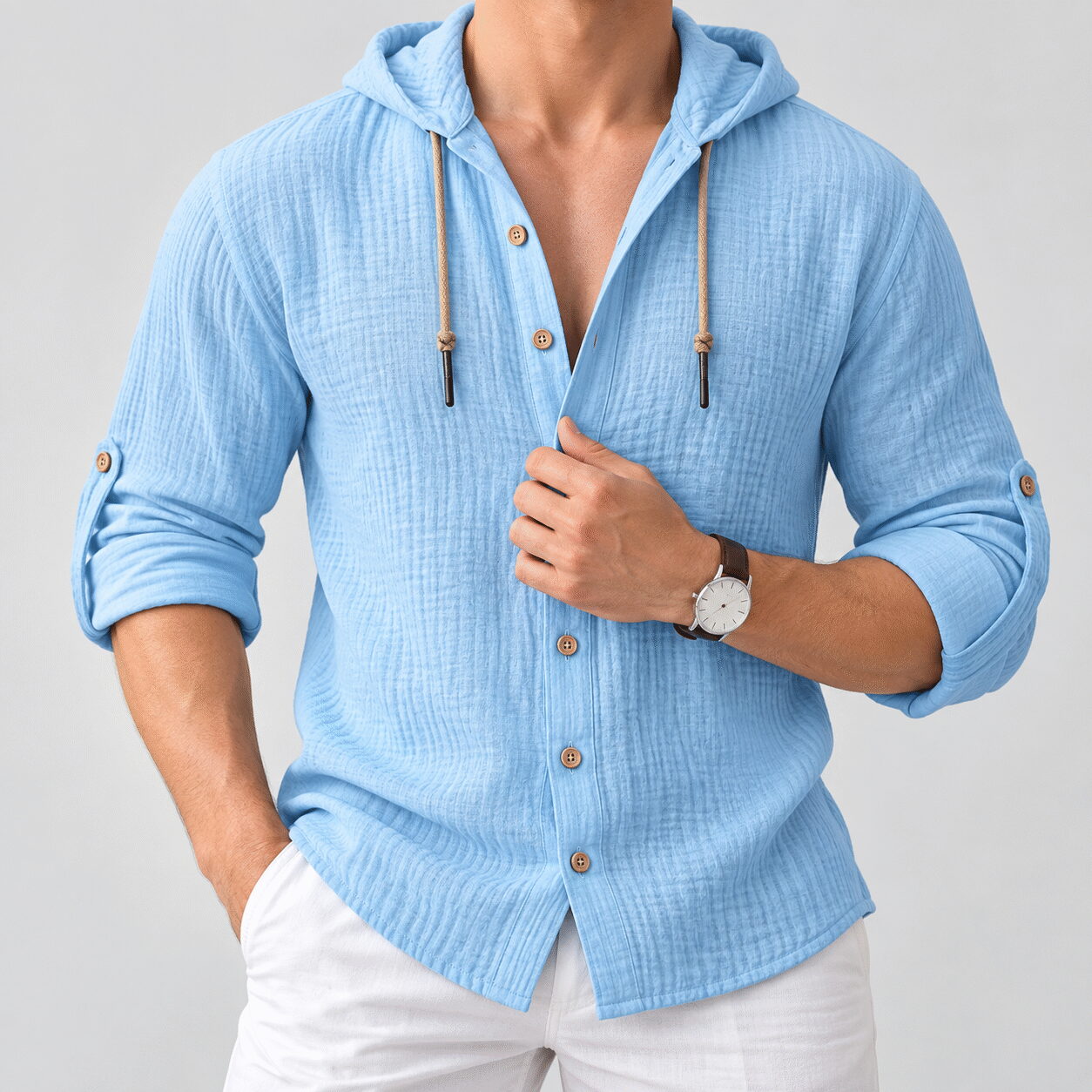 Men's Cotton Linen Hooded Cardigan Shirt - Image 7
