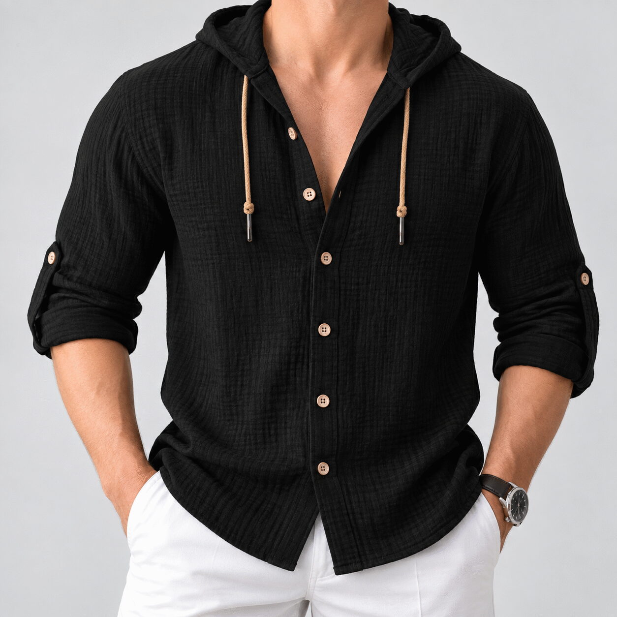 Men's Cotton Linen Hooded Cardigan Shirt - Image 2
