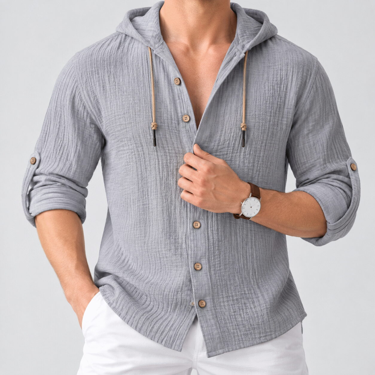 Men's Cotton Linen Hooded Cardigan Shirt - Image 3