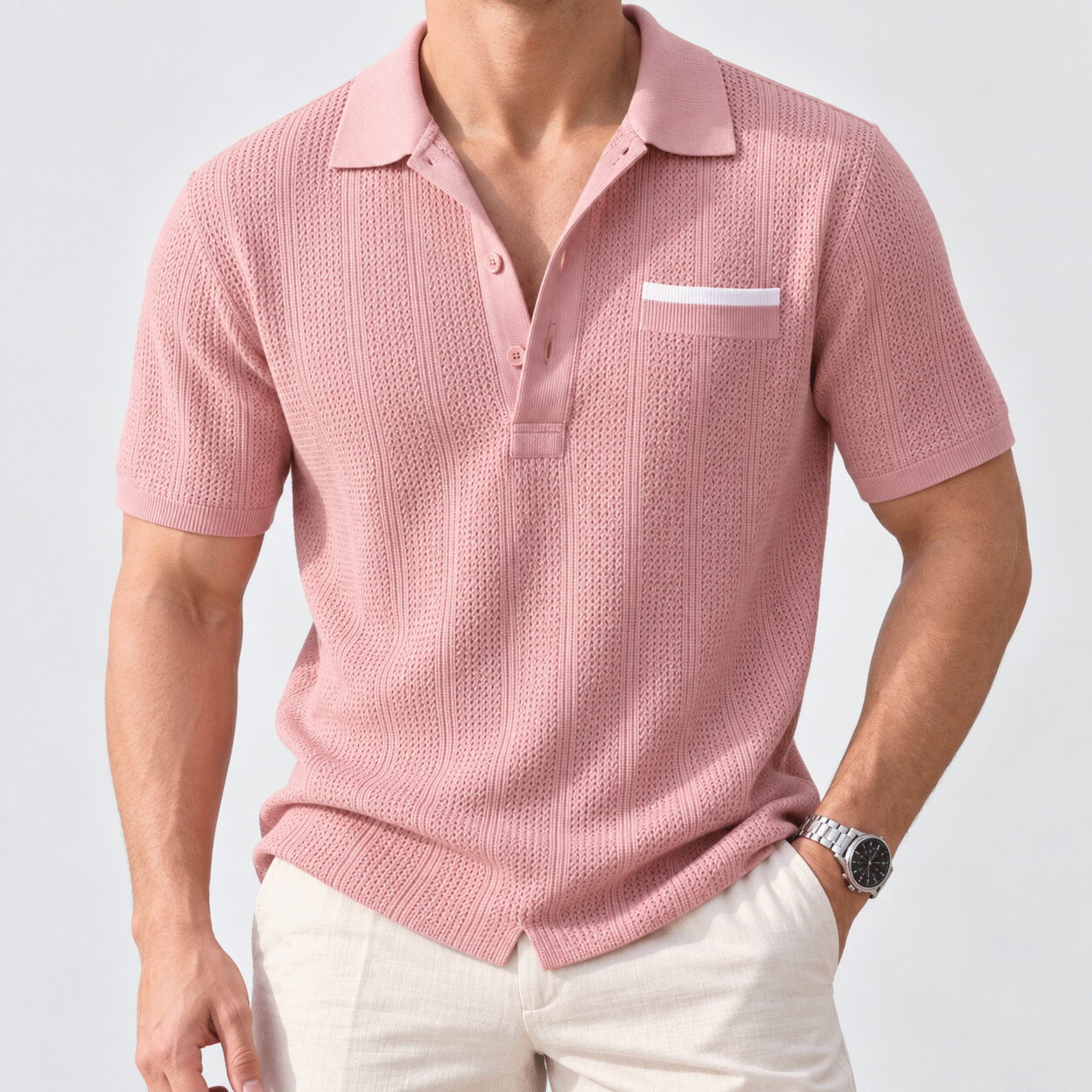 Men's Hollow Breathable Striped Short Sleeve Shirt - Image 7