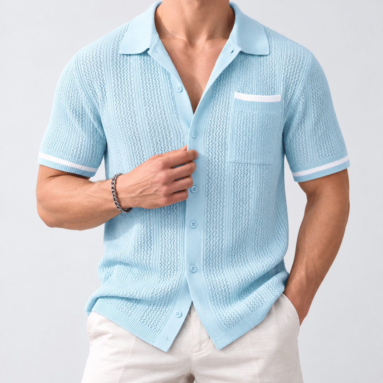 Men's Hollow Breathable Striped Short Sleeve Shirt - Image 2