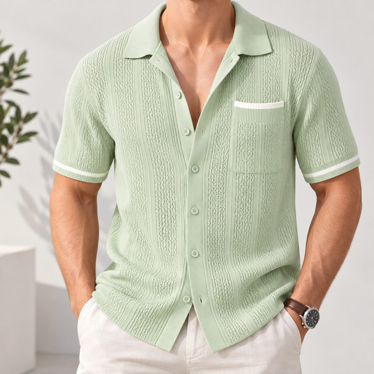 Men's Hollow Breathable Striped Short Sleeve Shirt - Image 3