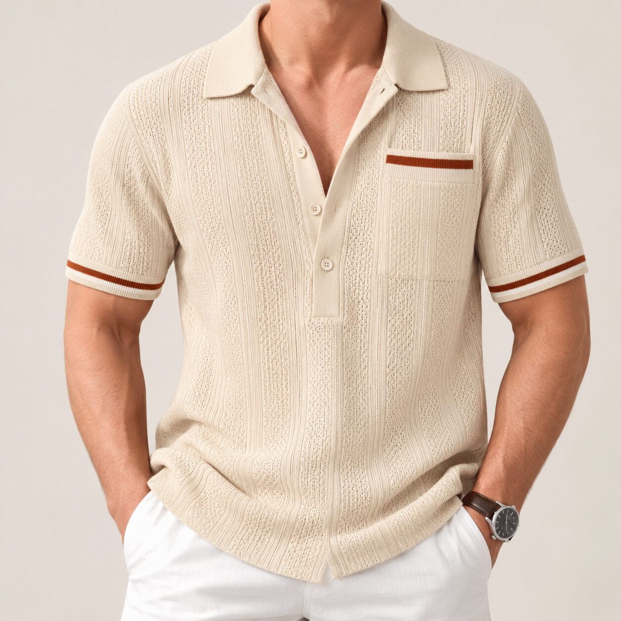 Men's Hollow Breathable Striped Short Sleeve Shirt - Image 4