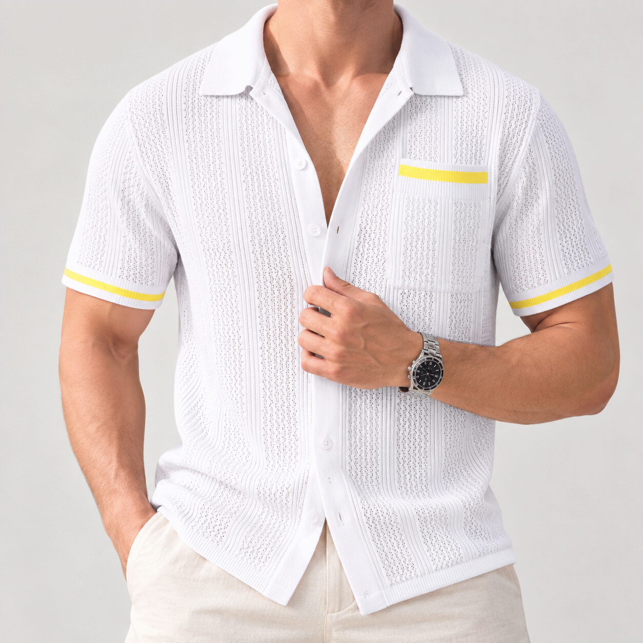 Men's Hollow Breathable Striped Short Sleeve Shirt - Image 5