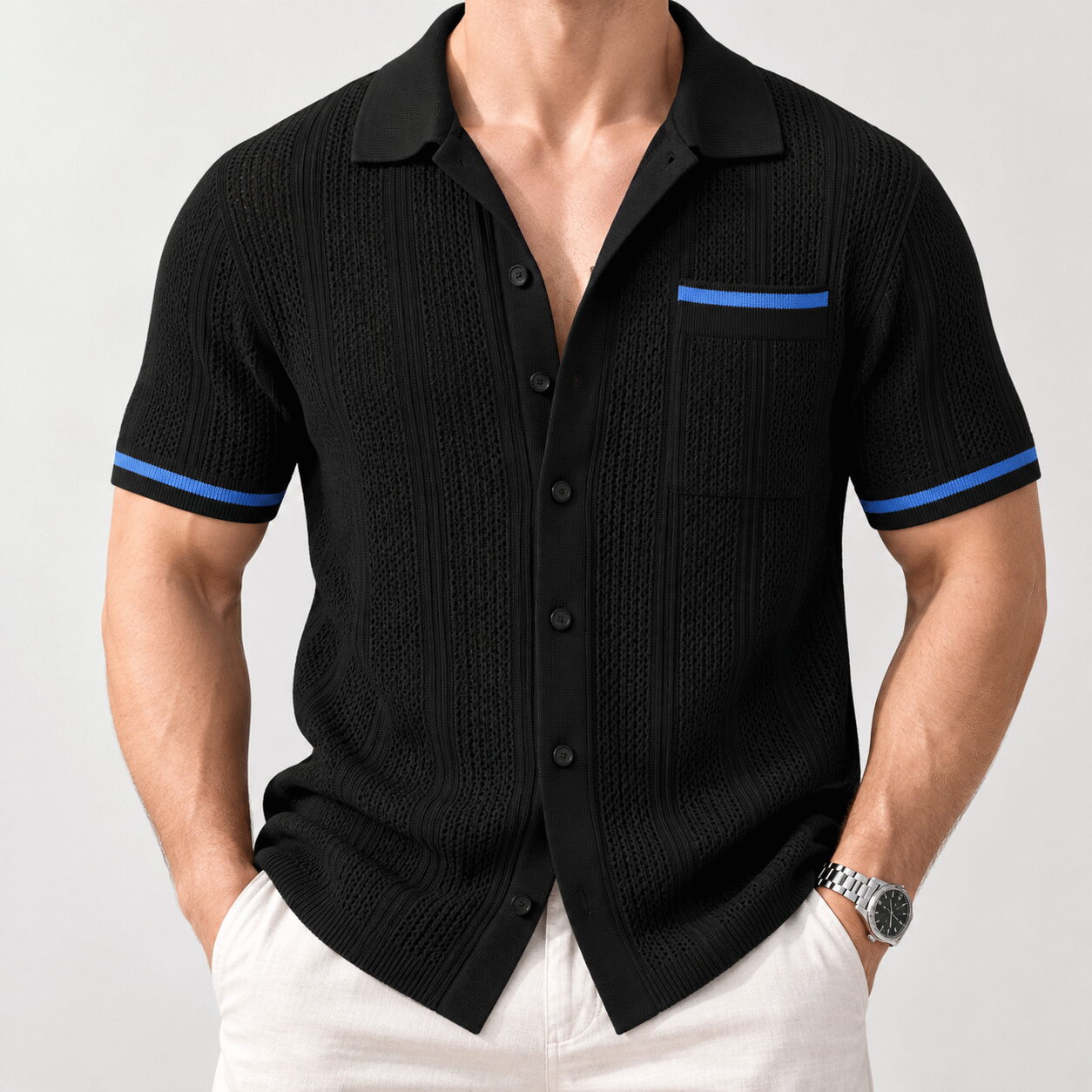 Men's Hollow Breathable Striped Short Sleeve Shirt - Image 6