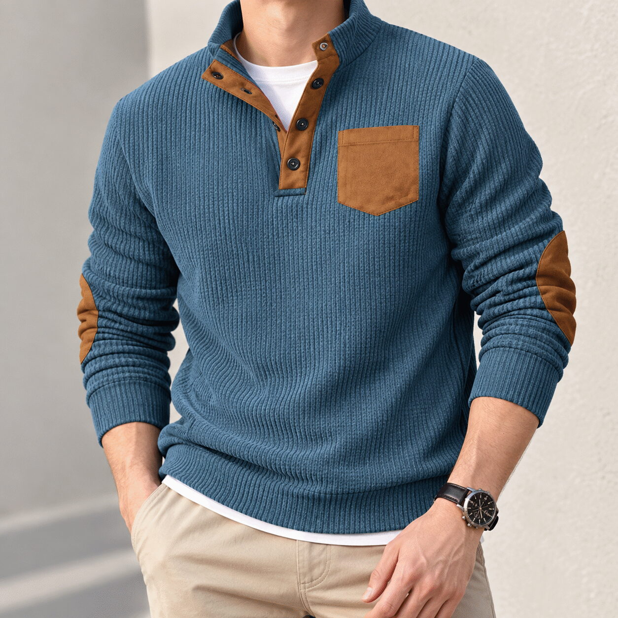 Men's Slim Fit Corduroy Stand Collar Shirt - Image 3