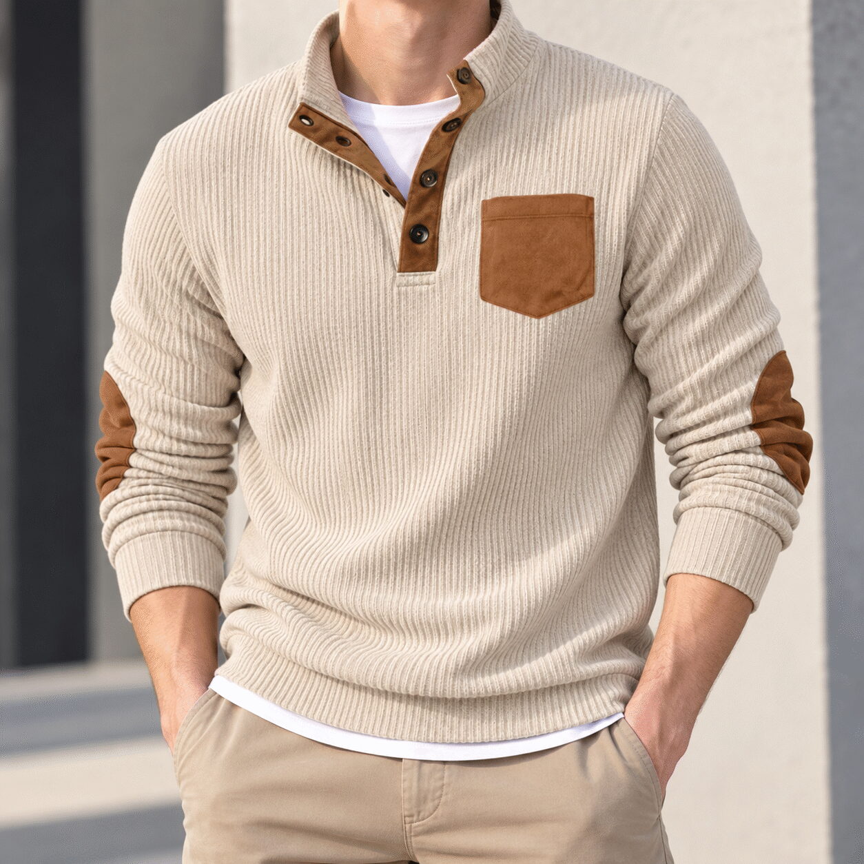 Men's Slim Fit Corduroy Stand Collar Shirt - Image 4