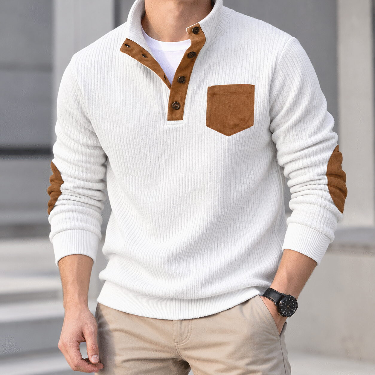 Men's Slim Fit Corduroy Stand Collar Shirt - Image 5