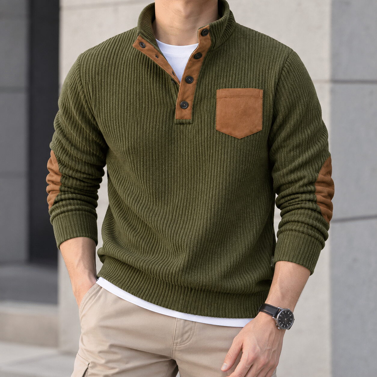 Men's Slim Fit Corduroy Stand Collar Shirt - Image 6