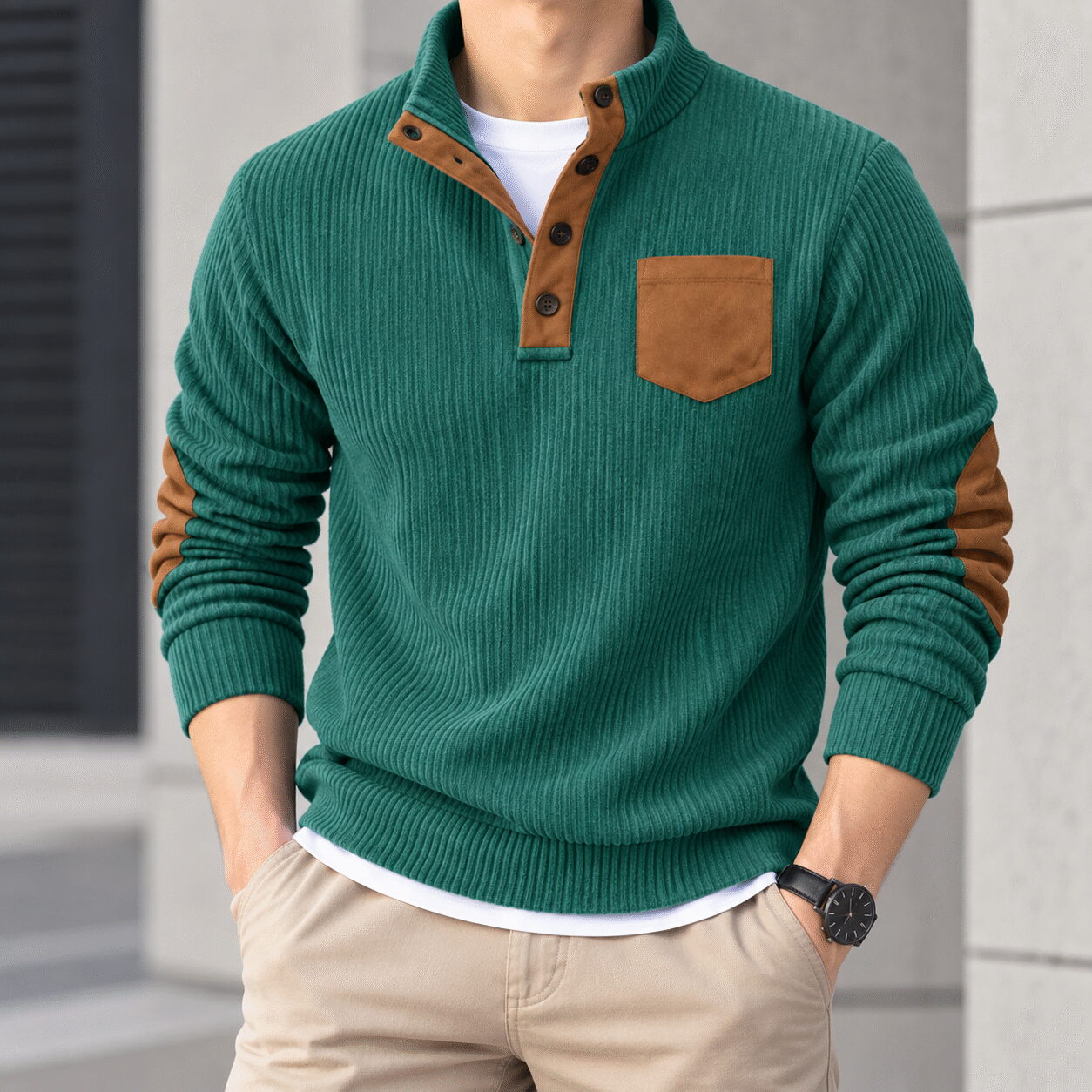 Men's Slim Fit Corduroy Stand Collar Shirt - Image 7
