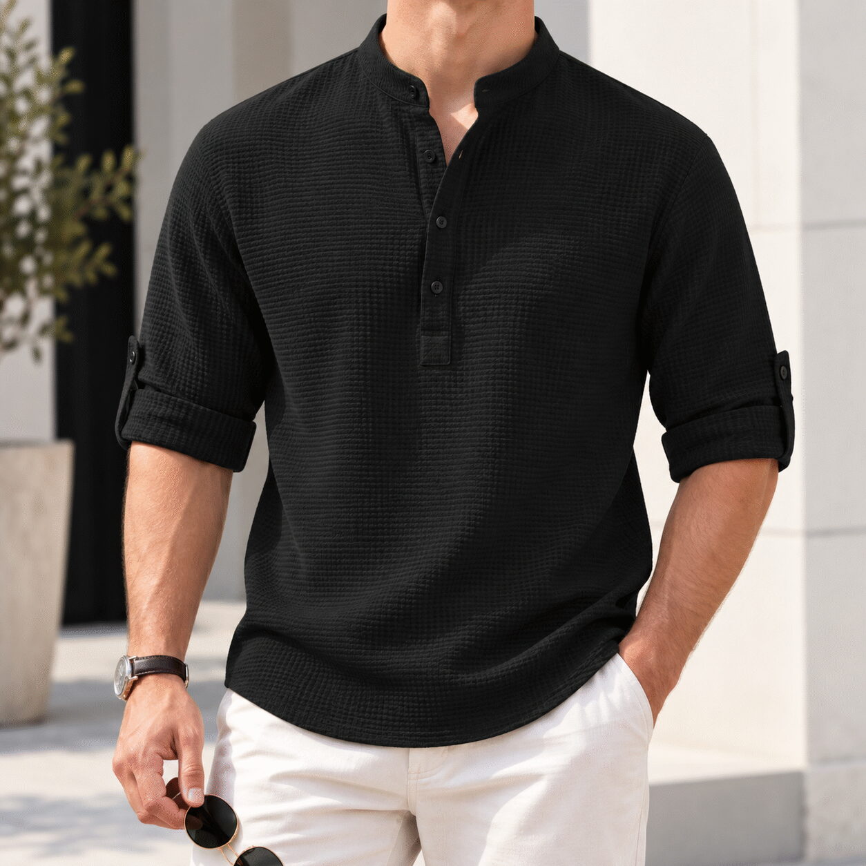 Men's Stand Collar Loose Fit Pullover Shirt - Image 6