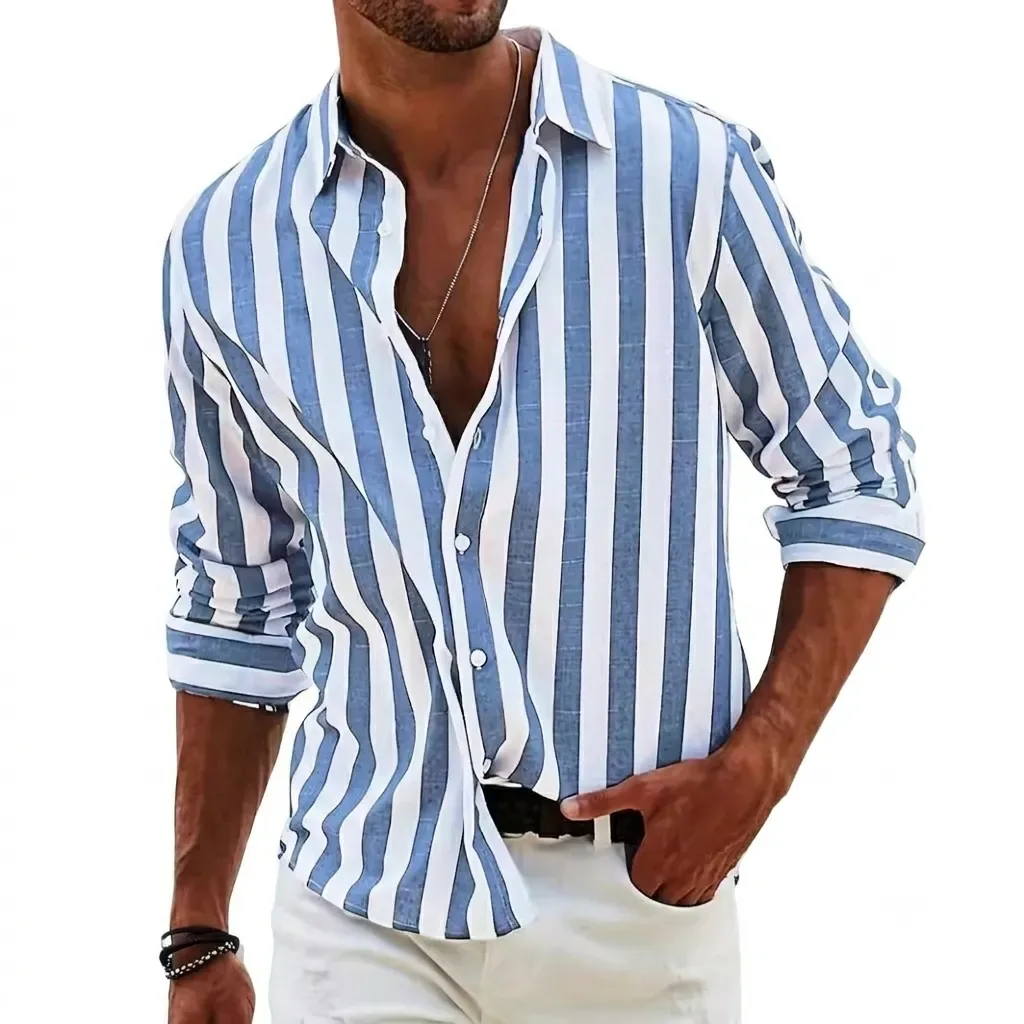 Men's Striped Loose Long Sleeve Cardigan Shirt