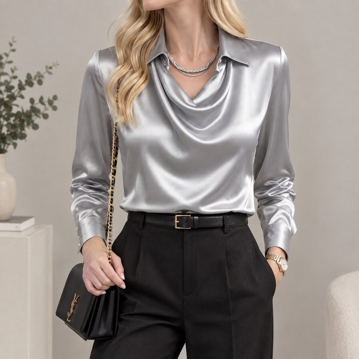 Satin Draped Collar Polo-Style Shirt - Image 2