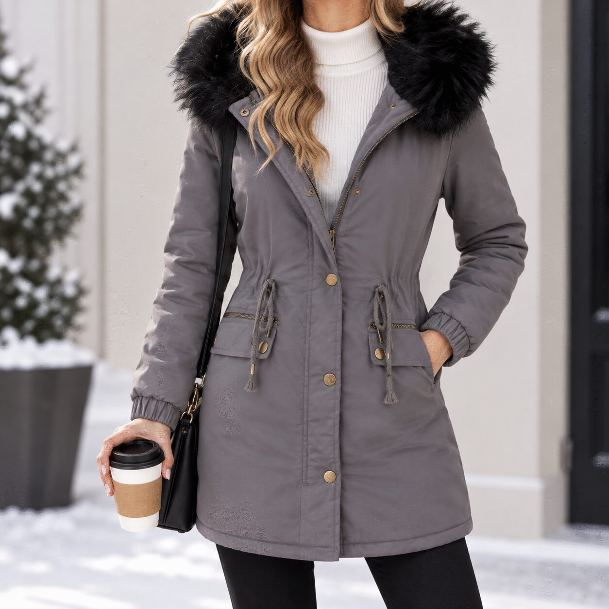 Women's Faux Fur Trim Hooded Winter Parka Coat - Image 6