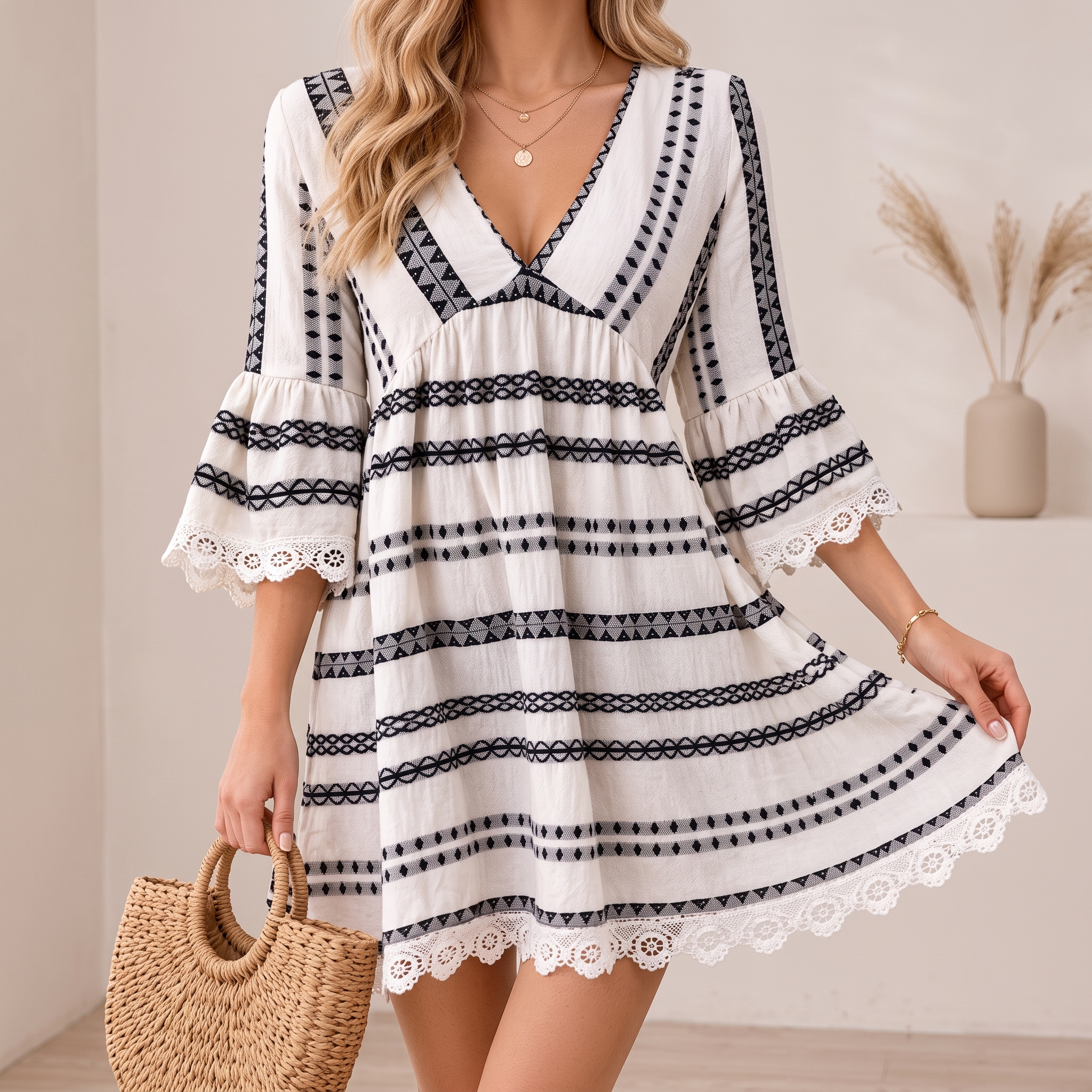Women’s Geometric Print V-Neck Mini Dress - Image 6