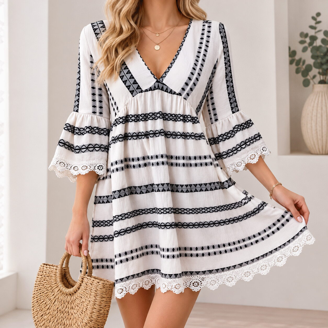 Women’s Geometric Print V-Neck Mini Dress