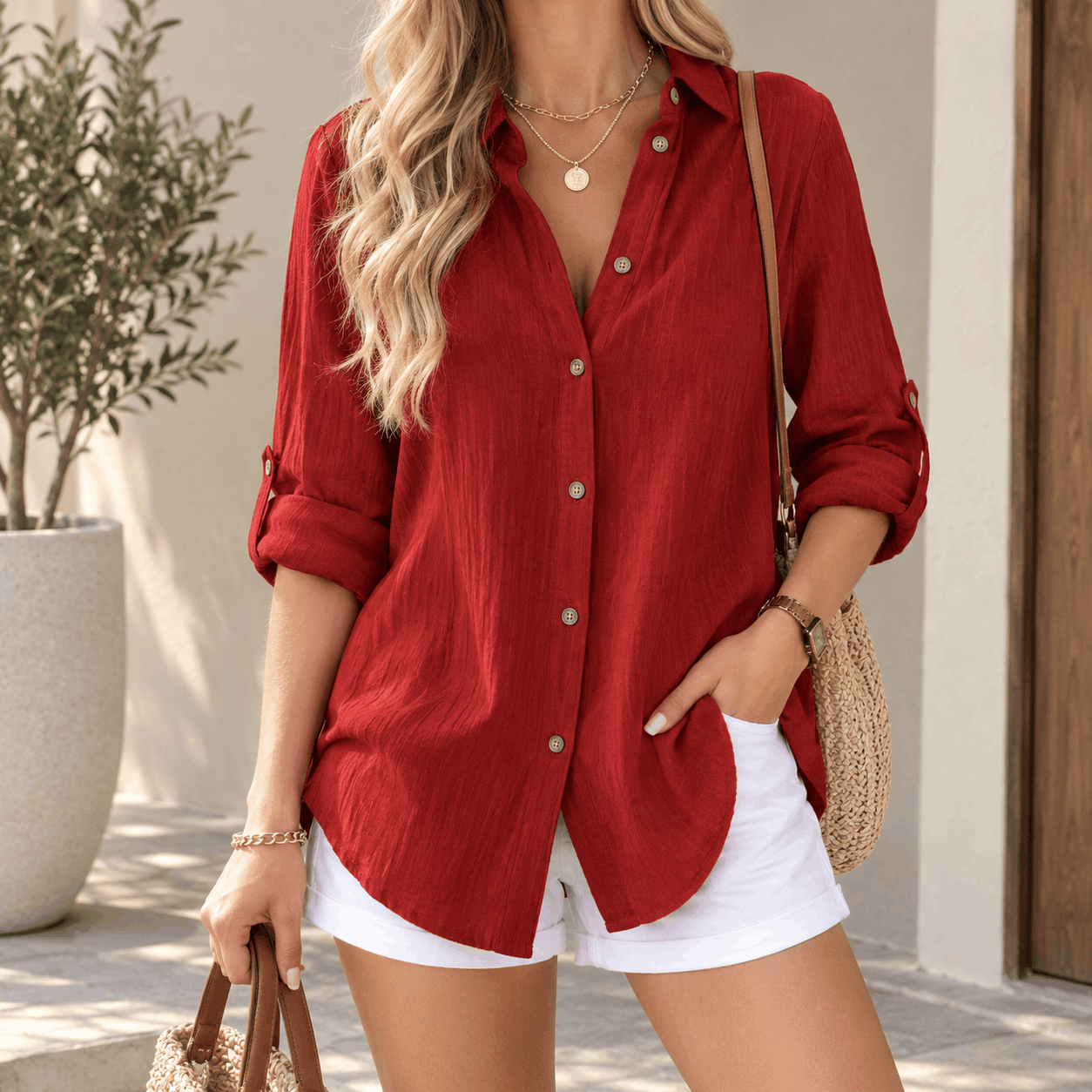 Women’s Long-Sleeve Pleated Lapel Shirt - Image 3