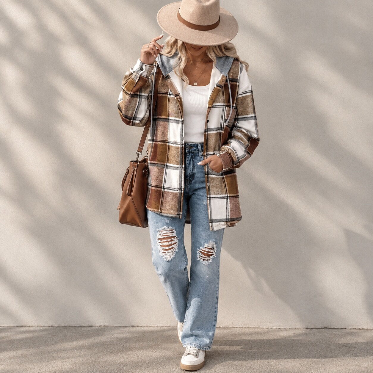 Women’s Oversized Plaid Hooded Jacket - Image 3