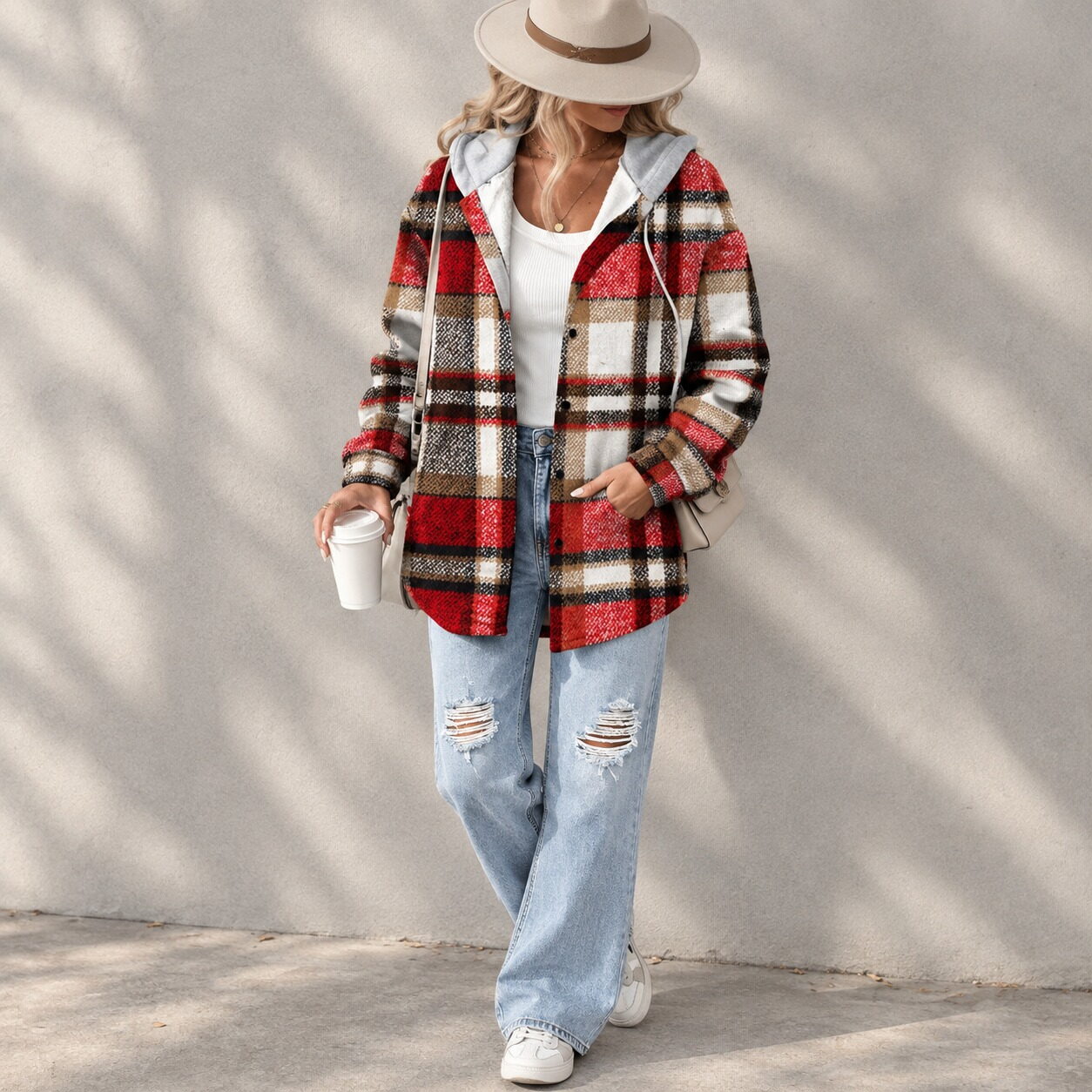 Women’s Oversized Plaid Hooded Jacket - Image 4