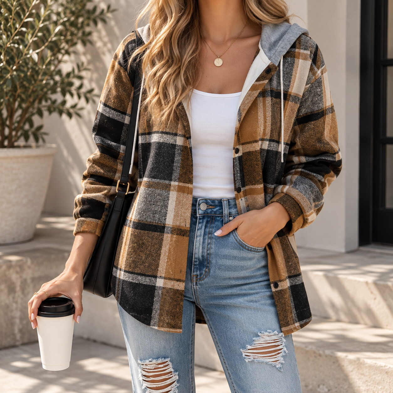 Women’s Oversized Plaid Hooded Jacket - Image 9