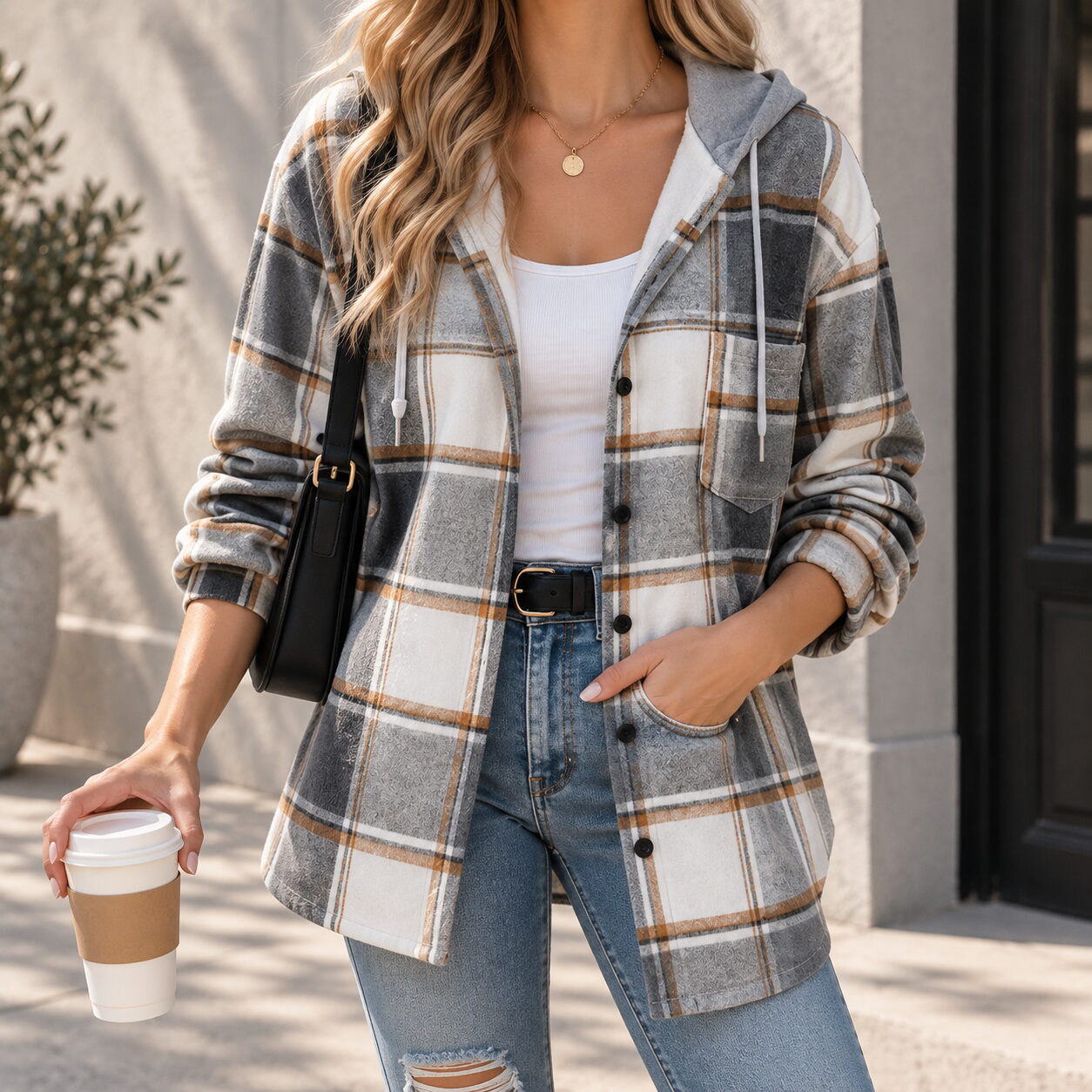 Women’s Oversized Plaid Hooded Jacket - Image 2