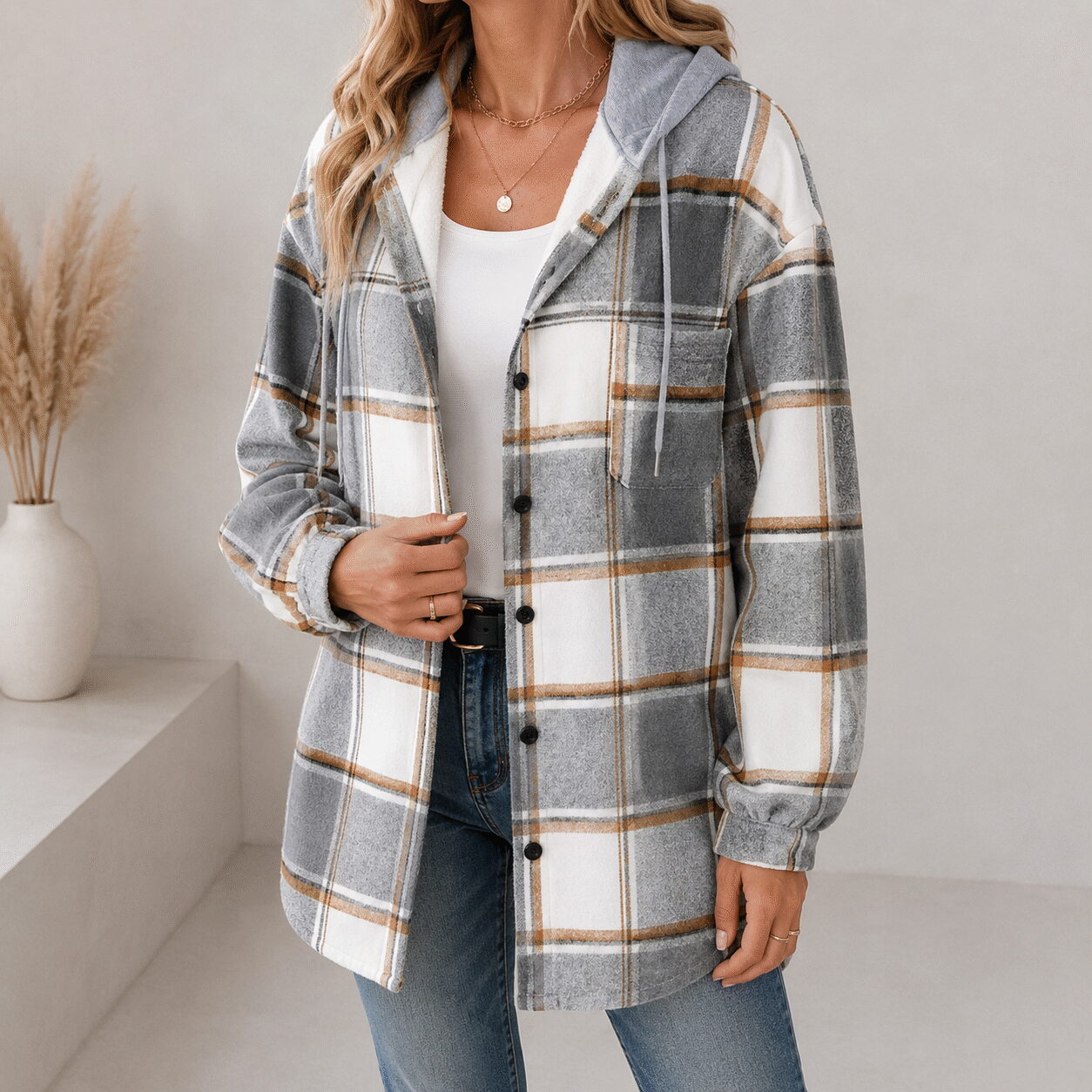 Women’s Oversized Plaid Hooded Jacket