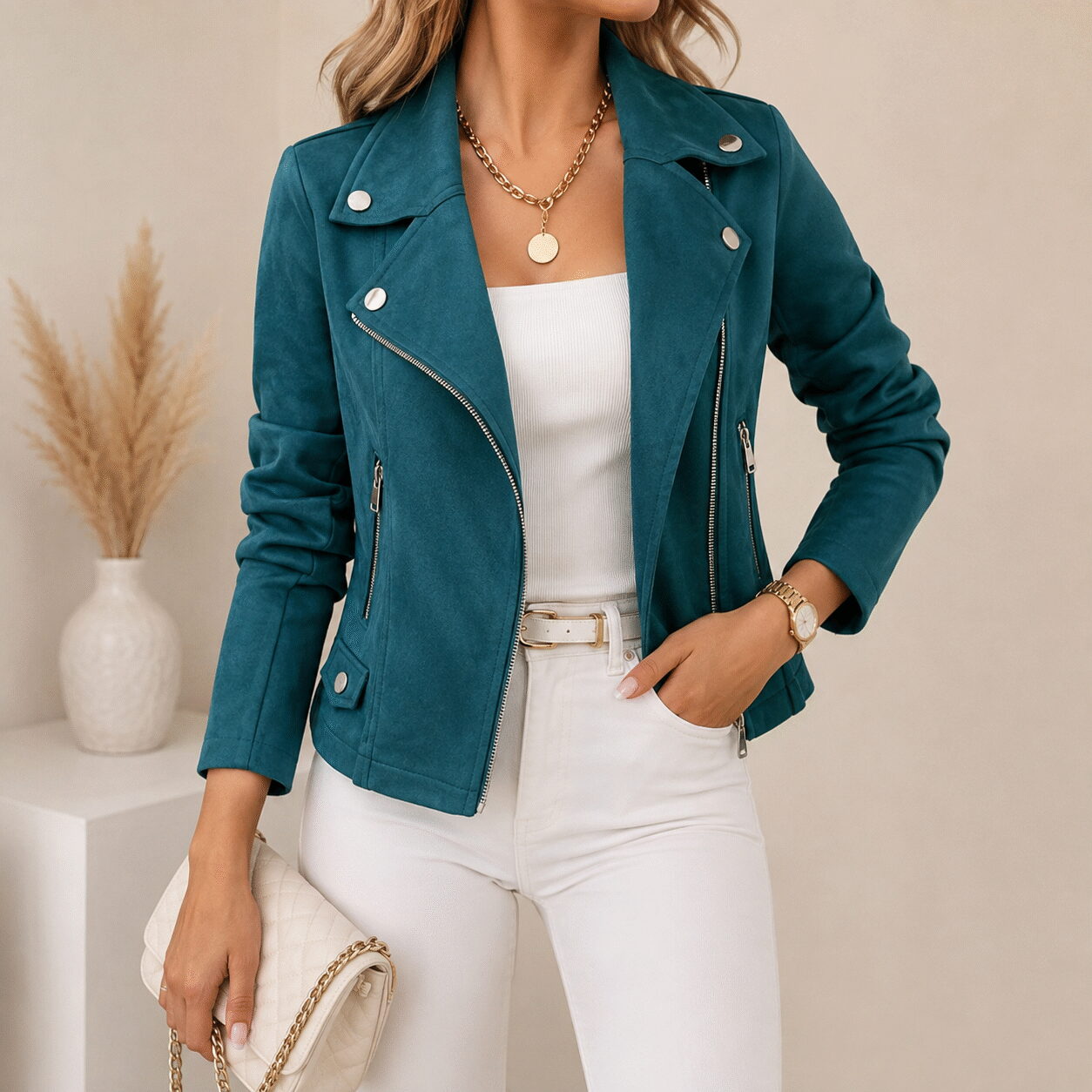 Women’s Slim-Fit Zip-Up Lapel Jacket