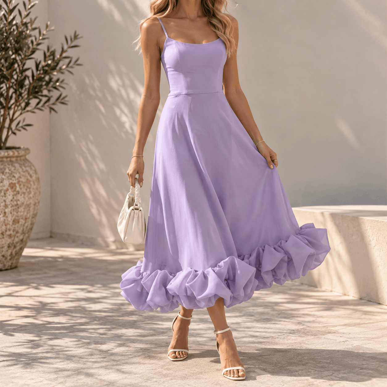 Women's Spaghetti Strap Ruffle Hem Midi Dress