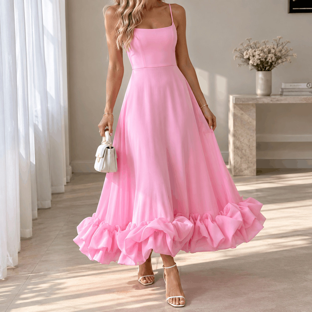 Women's Spaghetti Strap Ruffle Hem Midi Dress - Image 6