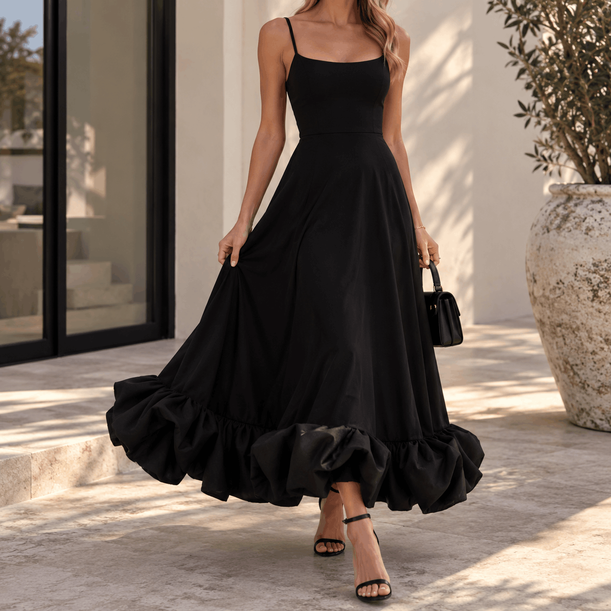 Women's Spaghetti Strap Ruffle Hem Midi Dress - Image 2