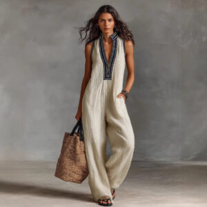 Women’s Simple Linen-Blend Sleeveless Jumpsuit – Casual Loose-Waist Full-Length Romper