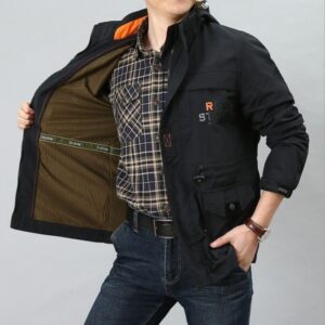 Men’s Plus Size Lightweight Outdoor Jacket – Medium-Long Hooded Windbreaker with Stand-Up Collar – Casual Loose Fit Letter Print Coat