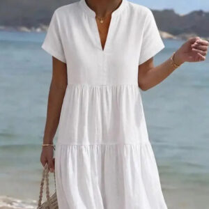 Women’s Minimalist Polyester Beach Dress – Plain Casual Frock for Summer – Elegant Sleeveless Resort Wear Sundress