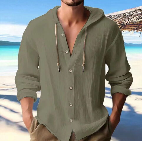 Men's Cotton Linen Hooded Cardigan Shirt - Image 9
