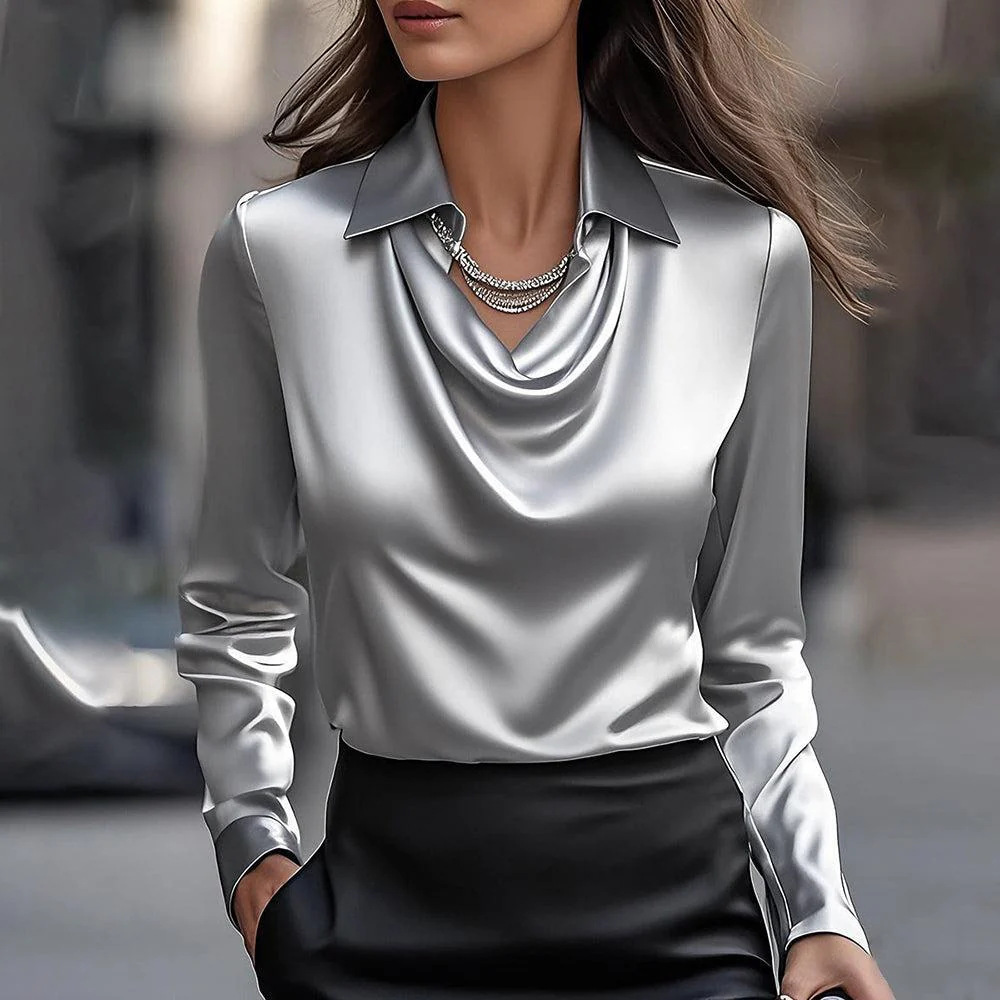 Women’s Elegant Draped Satin Blouse – Swing Collar Long-Sleeve Pullover & Office Ladies’ Top - Image 9
