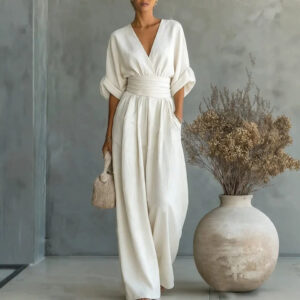 Women's Summer Short-Sleeve V-Neck Jumpsuit – High-Waist Wide-Leg Knitted Pant Set