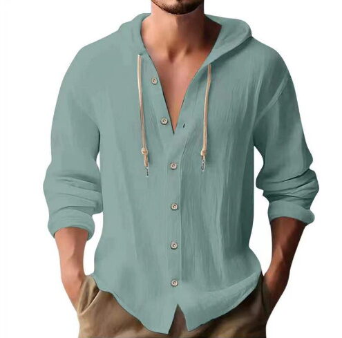 Men's Cotton Linen Hooded Cardigan Shirt - Image 14