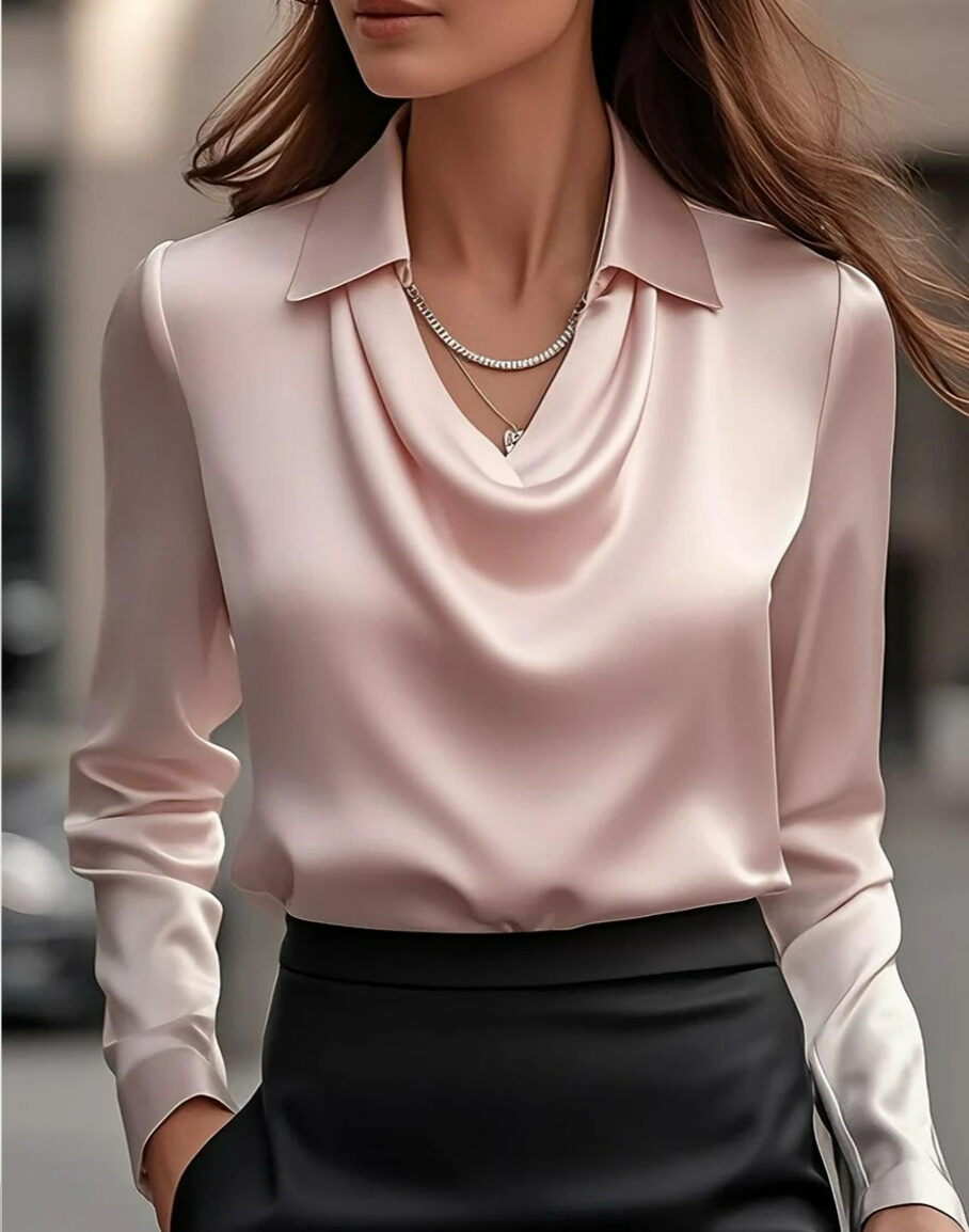Satin Draped Collar Polo-Style Shirt - Image 7