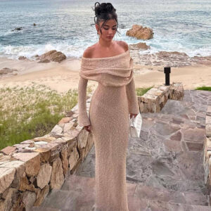 Women’s Sexy One-Shoulder Knitted Dress – High-Waist Long-Sleeve Beach Holiday Maxi – Elegant Bodycon Hip-Wrap Resort Wear