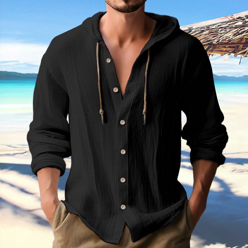 Men's Cotton Linen Hooded Cardigan Shirt - Image 7